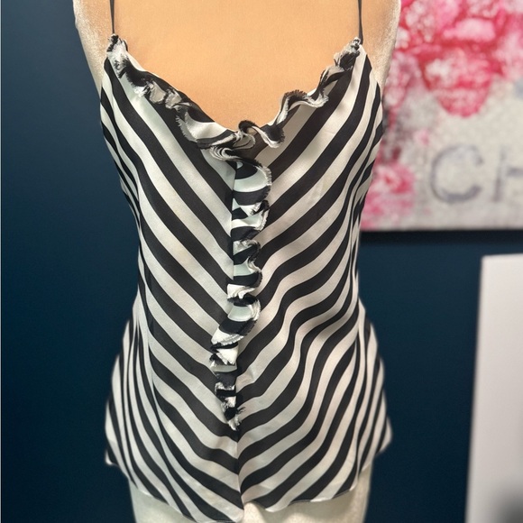 Ralph Lauren Black Label Striped Black and White Ruffled Silk Camisole - Picture 1 of 7